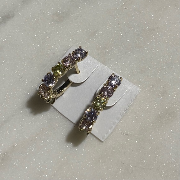 Multicolor Pastel Purple Pink Yellow Gemstone Hoop Gold Tone Earrings - Picture 8 of 15